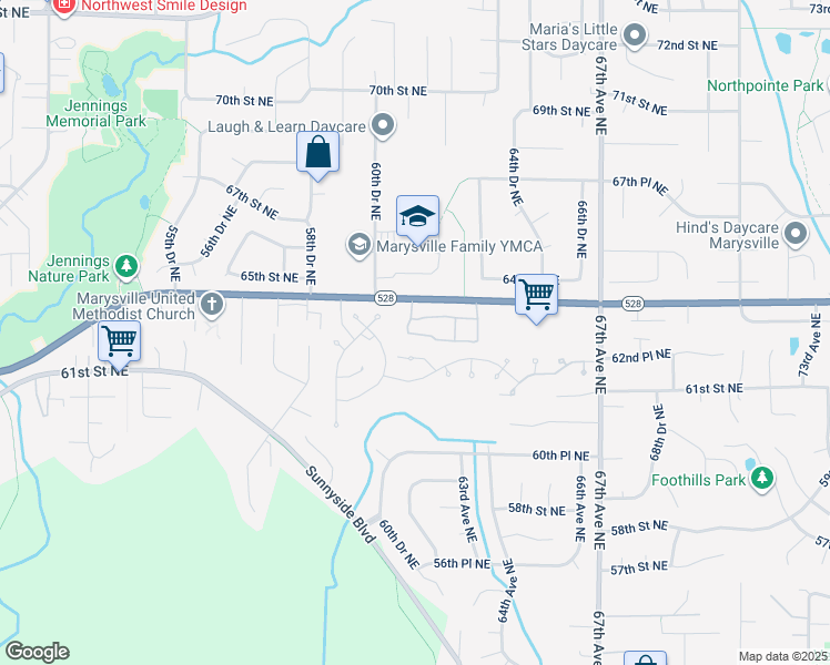 map of restaurants, bars, coffee shops, grocery stores, and more near 6110 64th Street Northeast in Marysville