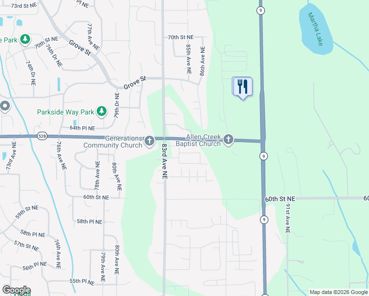 map of restaurants, bars, coffee shops, grocery stores, and more near 8402 63rd Place Northeast in Marysville