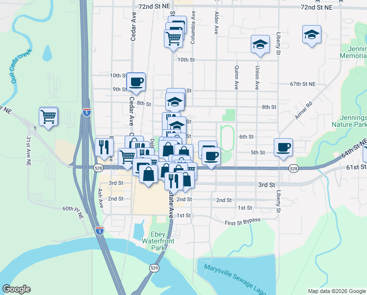 map of restaurants, bars, coffee shops, grocery stores, and more near in Marysville