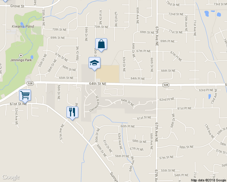 map of restaurants, bars, coffee shops, grocery stores, and more near 6110 64th Street Northeast in Marysville