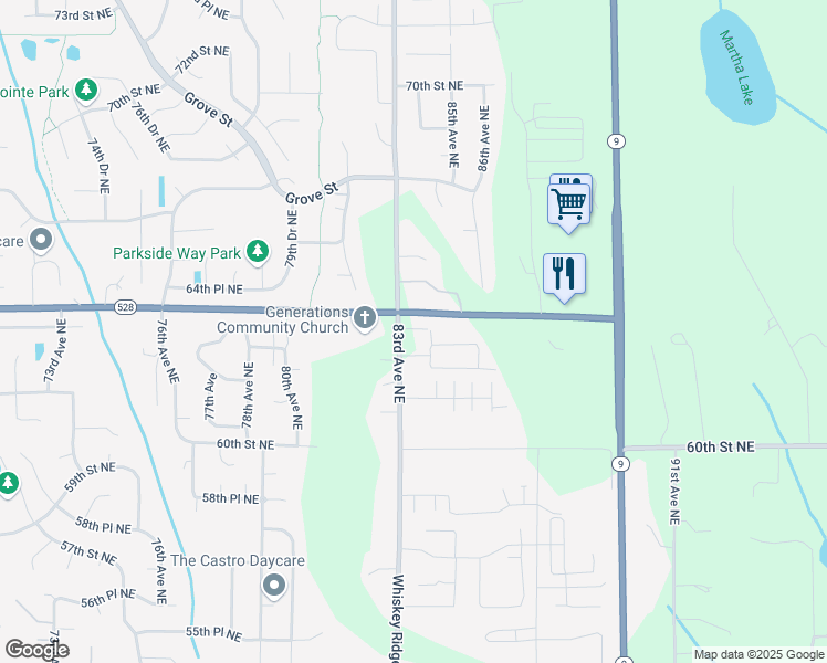 map of restaurants, bars, coffee shops, grocery stores, and more near 8413 63rd Place Northeast in Marysville