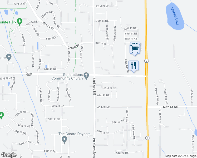 map of restaurants, bars, coffee shops, grocery stores, and more near 8430 63rd Place Northeast in Marysville