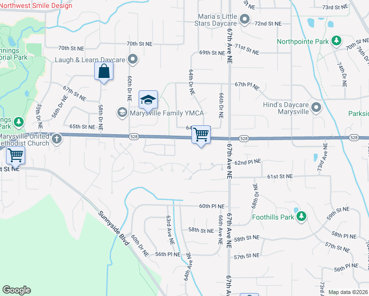 map of restaurants, bars, coffee shops, grocery stores, and more near 6508 64th Street Northeast in Marysville