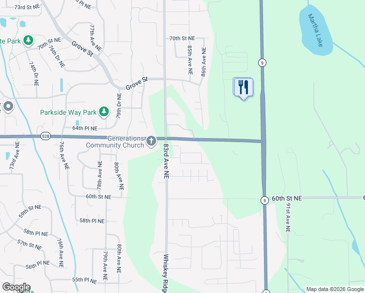 map of restaurants, bars, coffee shops, grocery stores, and more near 6227 83rd Avenue Northeast in Marysville