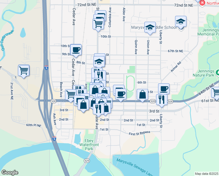 map of restaurants, bars, coffee shops, grocery stores, and more near 1610 5th Street in Marysville