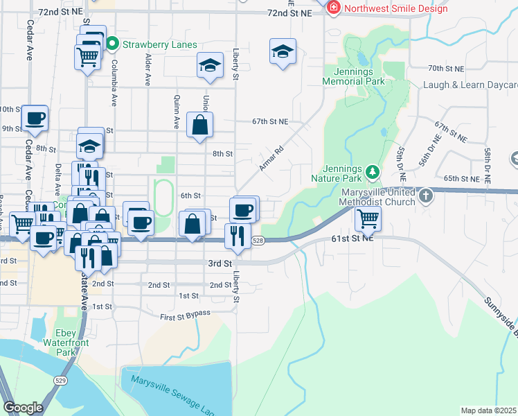 map of restaurants, bars, coffee shops, grocery stores, and more near 4805 64th Street Northeast in Marysville