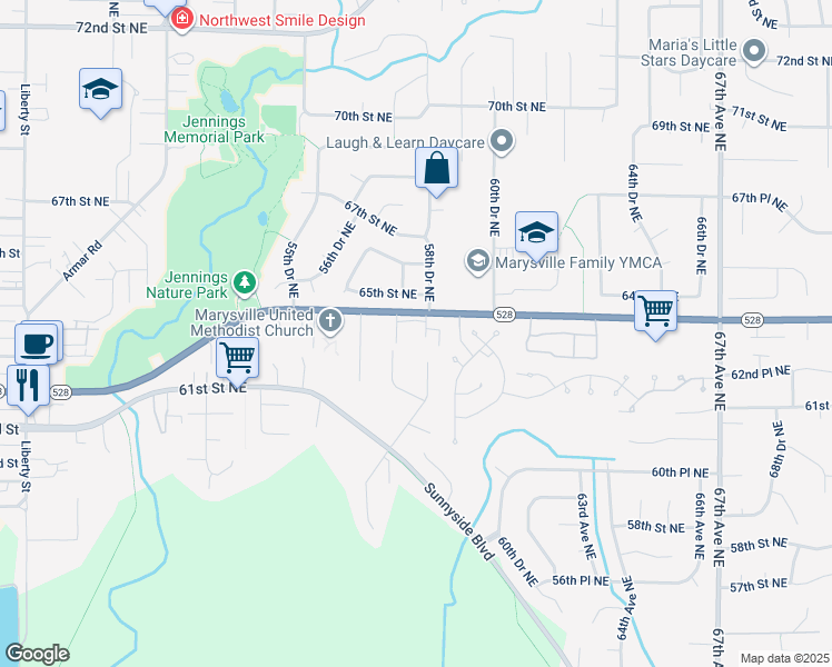 map of restaurants, bars, coffee shops, grocery stores, and more near 5754 65th Street Northeast in Marysville