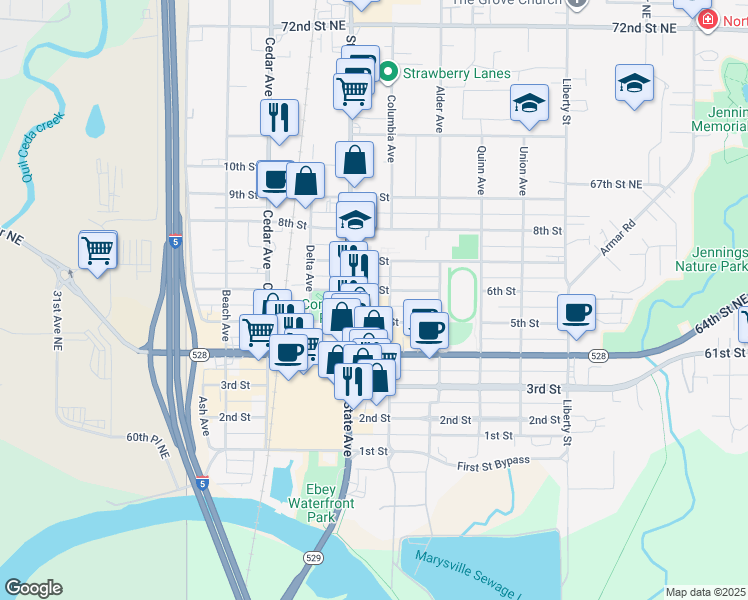 map of restaurants, bars, coffee shops, grocery stores, and more near 1509 6th Street in Marysville