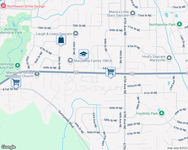 map of restaurants, bars, coffee shops, grocery stores, and more near 6414 63rd Drive Northeast in Marysville