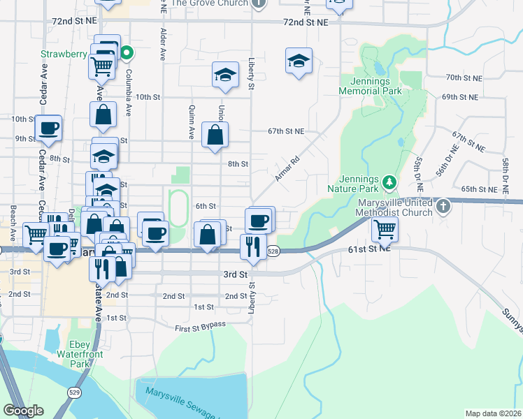 map of restaurants, bars, coffee shops, grocery stores, and more near 6315 47th Avenue Northeast in Marysville