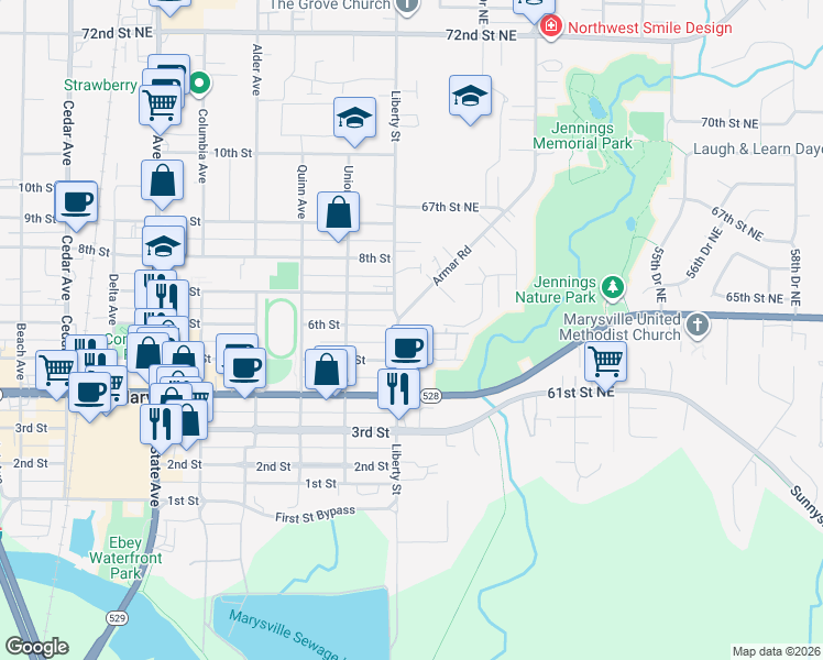 map of restaurants, bars, coffee shops, grocery stores, and more near 6406 Armar Road in Marysville