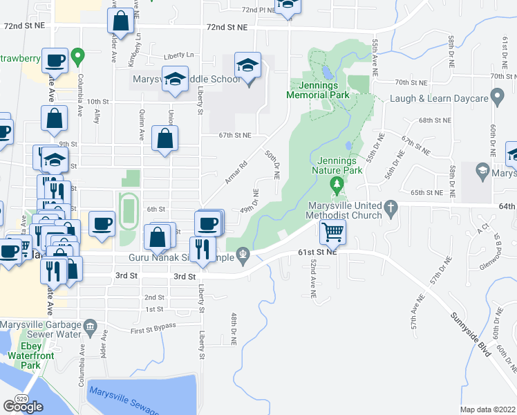map of restaurants, bars, coffee shops, grocery stores, and more near 6327 49th Drive Northeast in Marysville