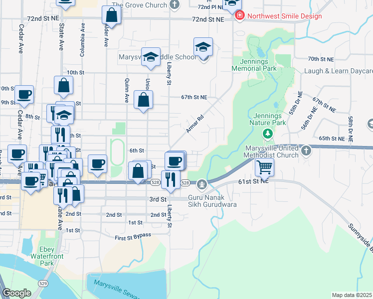 map of restaurants, bars, coffee shops, grocery stores, and more near 6306 49th Drive Northeast in Marysville