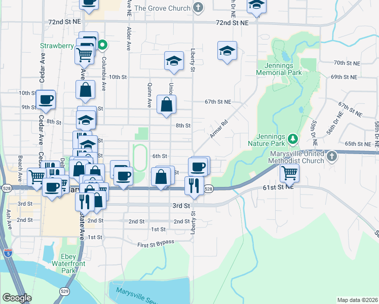 map of restaurants, bars, coffee shops, grocery stores, and more near 6406 Armar Road in Marysville