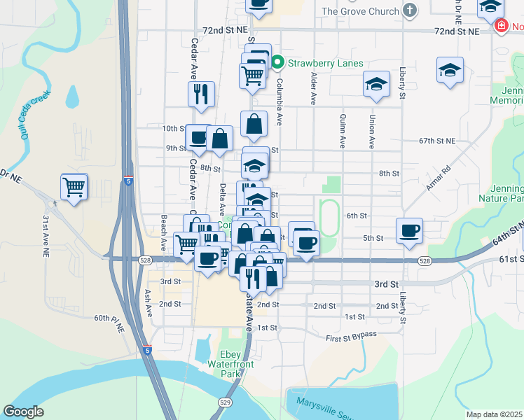 map of restaurants, bars, coffee shops, grocery stores, and more near 1509 6th Street in Marysville