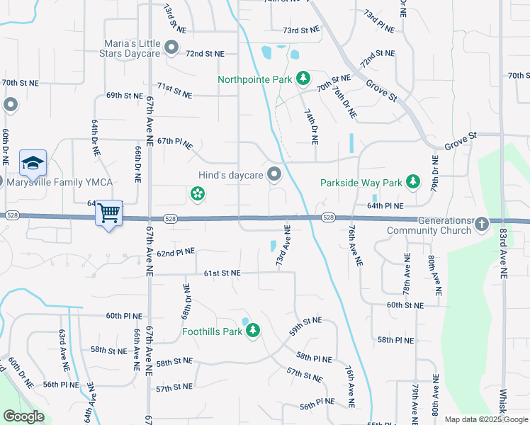 map of restaurants, bars, coffee shops, grocery stores, and more near 7114 65th Street Northeast in Marysville