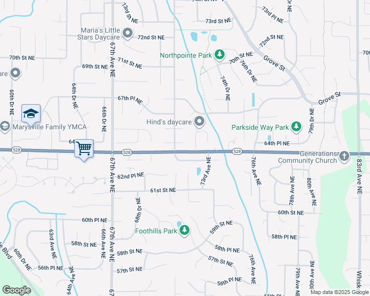 map of restaurants, bars, coffee shops, grocery stores, and more near 7114 65th Street Northeast in Marysville