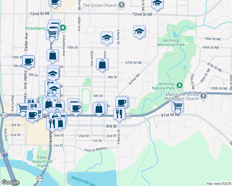 map of restaurants, bars, coffee shops, grocery stores, and more near 6406 Armar Road in Marysville