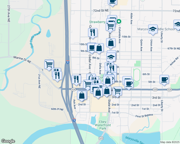 map of restaurants, bars, coffee shops, grocery stores, and more near 1217 6th Street in Marysville