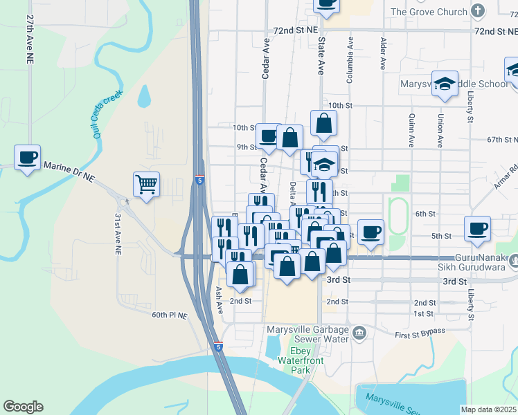 map of restaurants, bars, coffee shops, grocery stores, and more near 1217 6th Street in Marysville