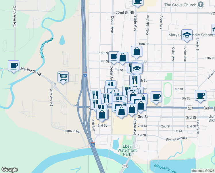 map of restaurants, bars, coffee shops, grocery stores, and more near 1217 6th Street in Marysville