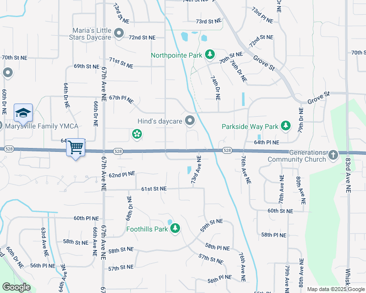 map of restaurants, bars, coffee shops, grocery stores, and more near 7114 65th Street Northeast in Marysville