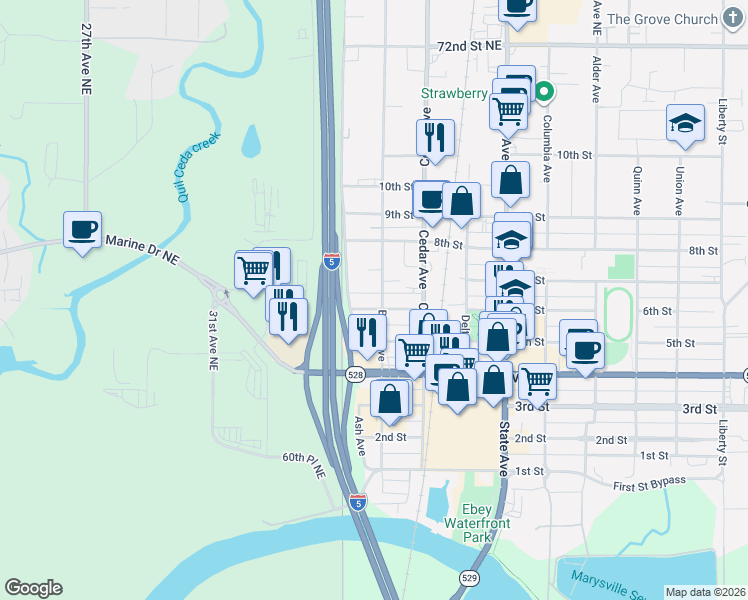 map of restaurants, bars, coffee shops, grocery stores, and more near 1123 6th Street in Marysville