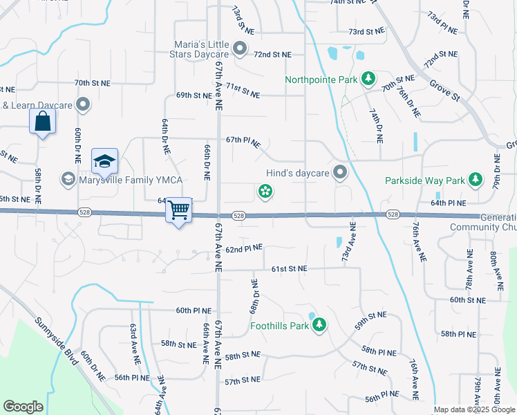 map of restaurants, bars, coffee shops, grocery stores, and more near 6808 64th Place Northeast in Marysville