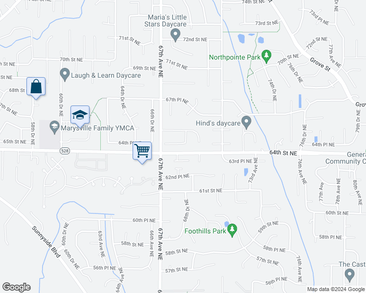 map of restaurants, bars, coffee shops, grocery stores, and more near 6808 64th Place Northeast in Marysville