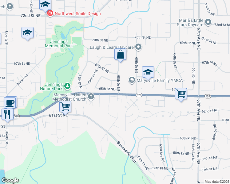map of restaurants, bars, coffee shops, grocery stores, and more near 5754 65th Street Northeast in Marysville