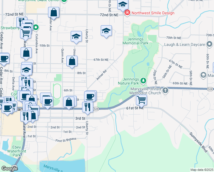 map of restaurants, bars, coffee shops, grocery stores, and more near 6402 49th Drive Northeast in Marysville