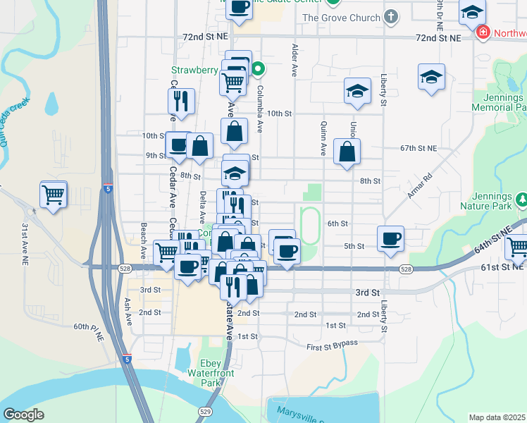 map of restaurants, bars, coffee shops, grocery stores, and more near 1604 7th Street in Marysville