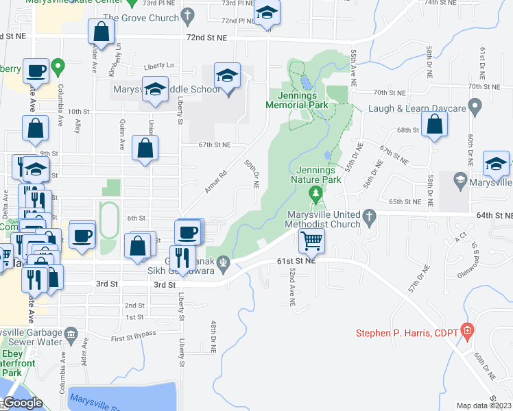 map of restaurants, bars, coffee shops, grocery stores, and more near 6401 50th Drive Northeast in Marysville
