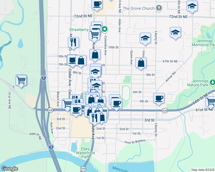 map of restaurants, bars, coffee shops, grocery stores, and more near 1604 7th Street in Marysville