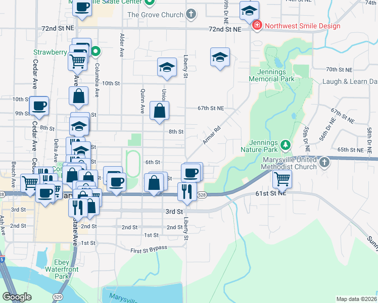 map of restaurants, bars, coffee shops, grocery stores, and more near 6406 Armar Road in Marysville