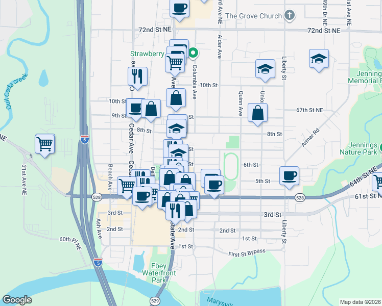 map of restaurants, bars, coffee shops, grocery stores, and more near 1526 7th Street in Marysville