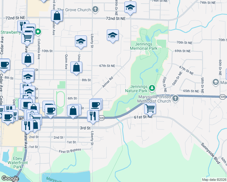 map of restaurants, bars, coffee shops, grocery stores, and more near 6414 49th Drive Northeast in Marysville