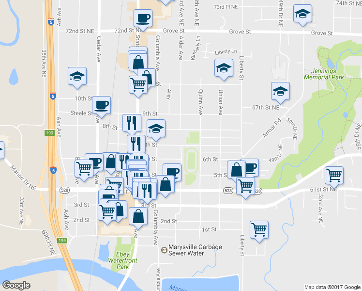 map of restaurants, bars, coffee shops, grocery stores, and more near 7th Street in Marysville