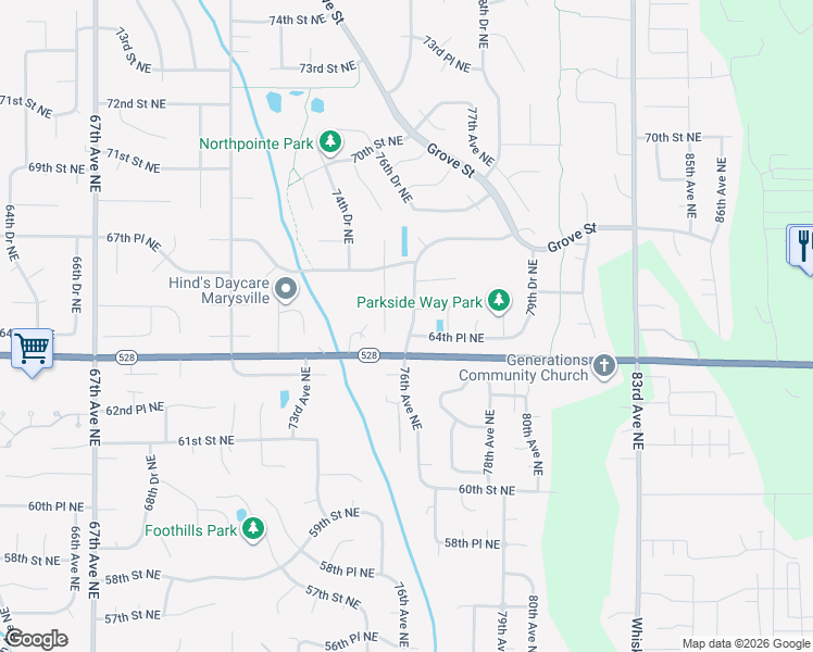 map of restaurants, bars, coffee shops, grocery stores, and more near 6408 76th Drive Northeast in Marysville