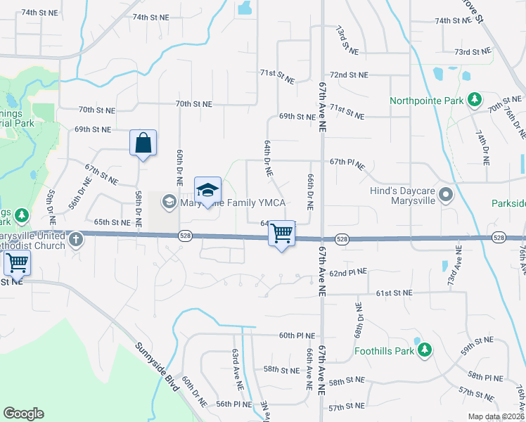 map of restaurants, bars, coffee shops, grocery stores, and more near 6529 63rd Drive Northeast in Marysville