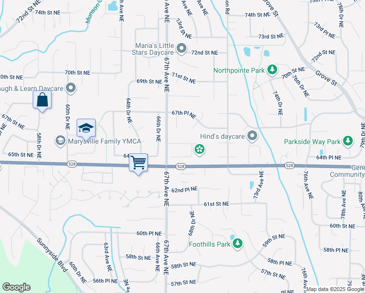 map of restaurants, bars, coffee shops, grocery stores, and more near 6718 66th Street Northeast in Marysville