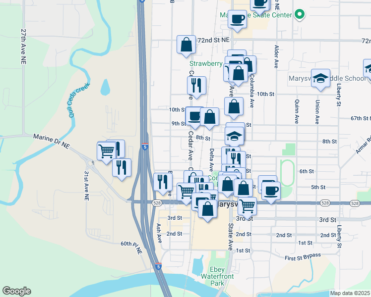 map of restaurants, bars, coffee shops, grocery stores, and more near 709 Cedar Avenue in Marysville