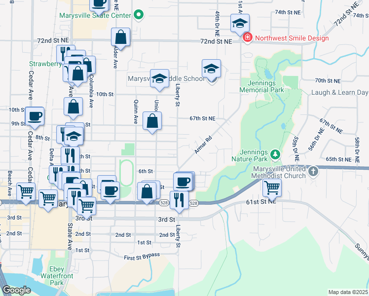 map of restaurants, bars, coffee shops, grocery stores, and more near 6519 47th Avenue Northeast in Marysville