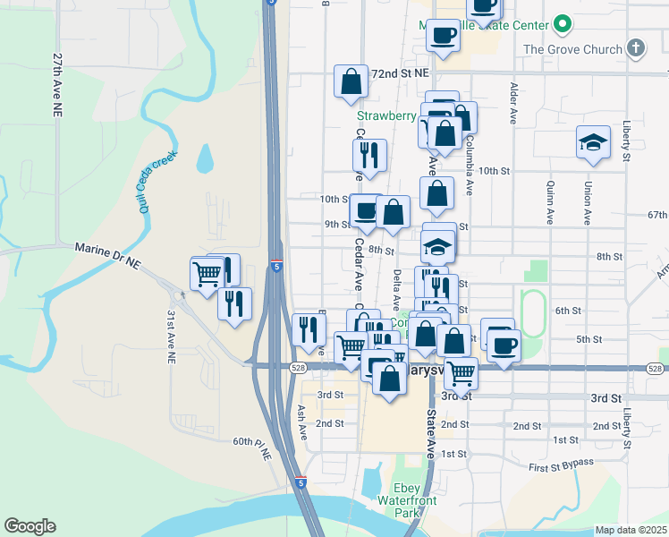 map of restaurants, bars, coffee shops, grocery stores, and more near 1218 8th Street in Marysville