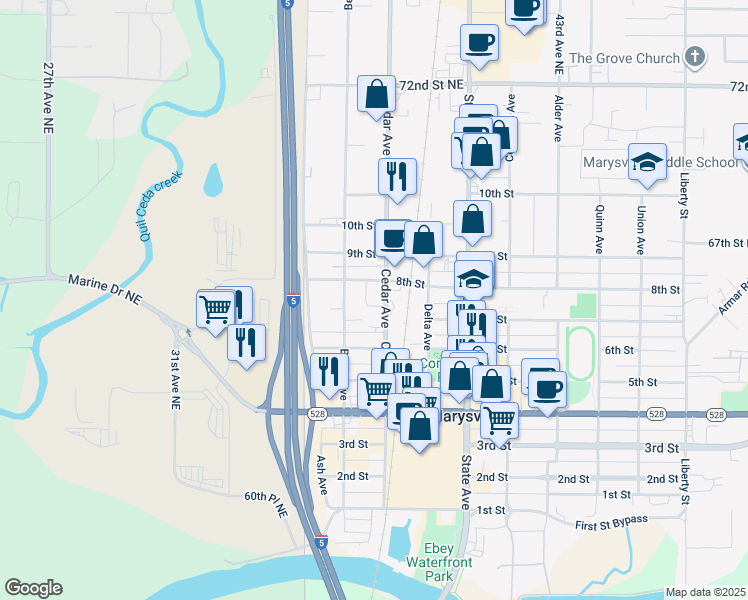 map of restaurants, bars, coffee shops, grocery stores, and more near 1218 8th Street in Marysville