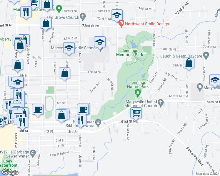 map of restaurants, bars, coffee shops, grocery stores, and more near 6510 50th Drive Northeast in Marysville