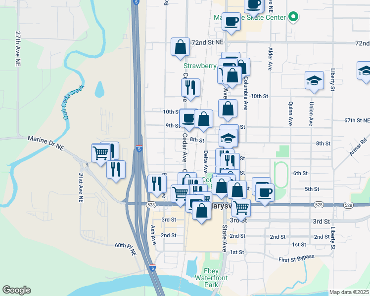 map of restaurants, bars, coffee shops, grocery stores, and more near 1218 8th Street in Marysville