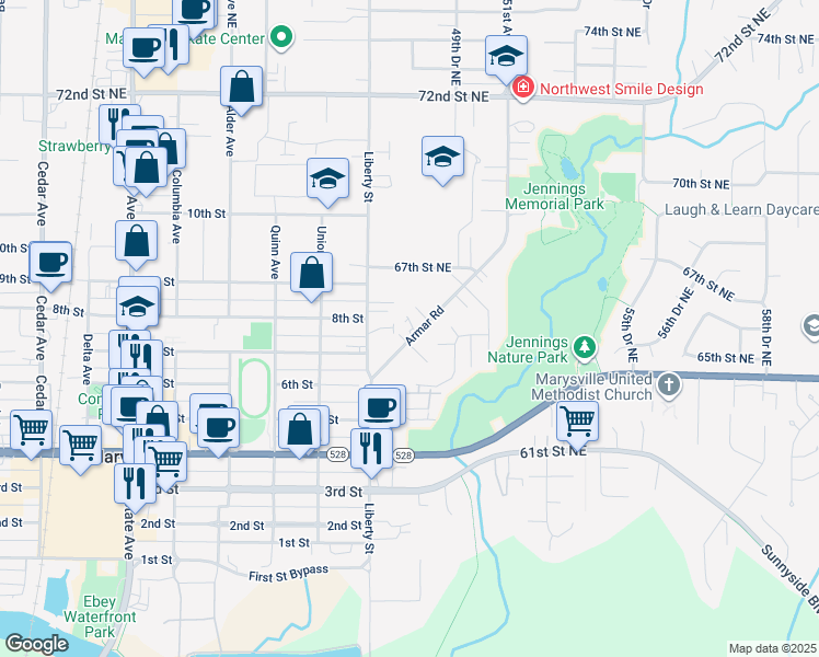 map of restaurants, bars, coffee shops, grocery stores, and more near 6506 Armar Road in Marysville