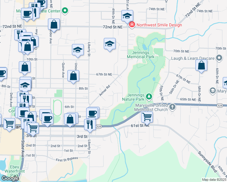 map of restaurants, bars, coffee shops, grocery stores, and more near 4917 65th Street Northeast in Marysville
