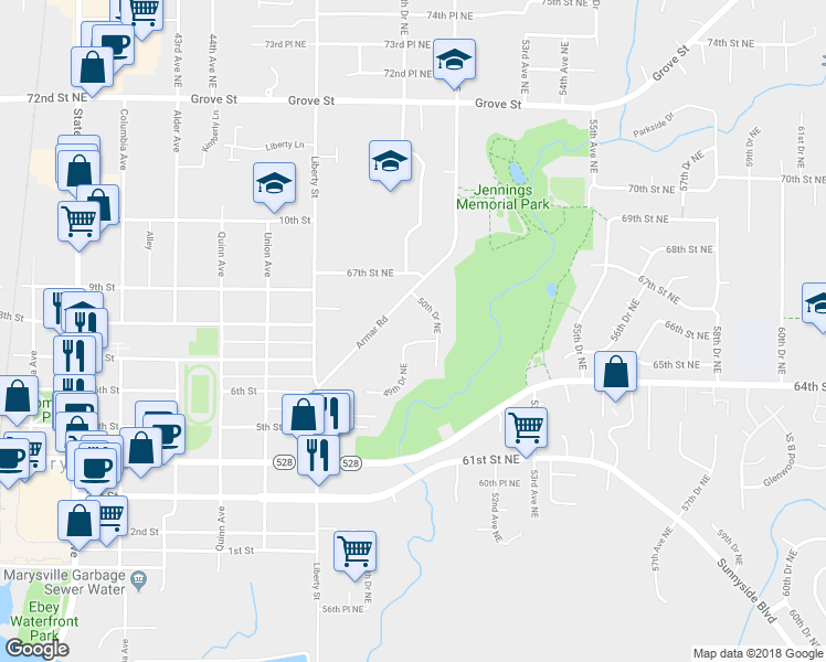 map of restaurants, bars, coffee shops, grocery stores, and more near 6537 Armar Road in Marysville